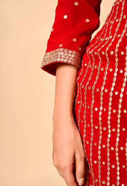 Red Kurta Set with Gotta, Applique, Zardozi, and Sequence Work