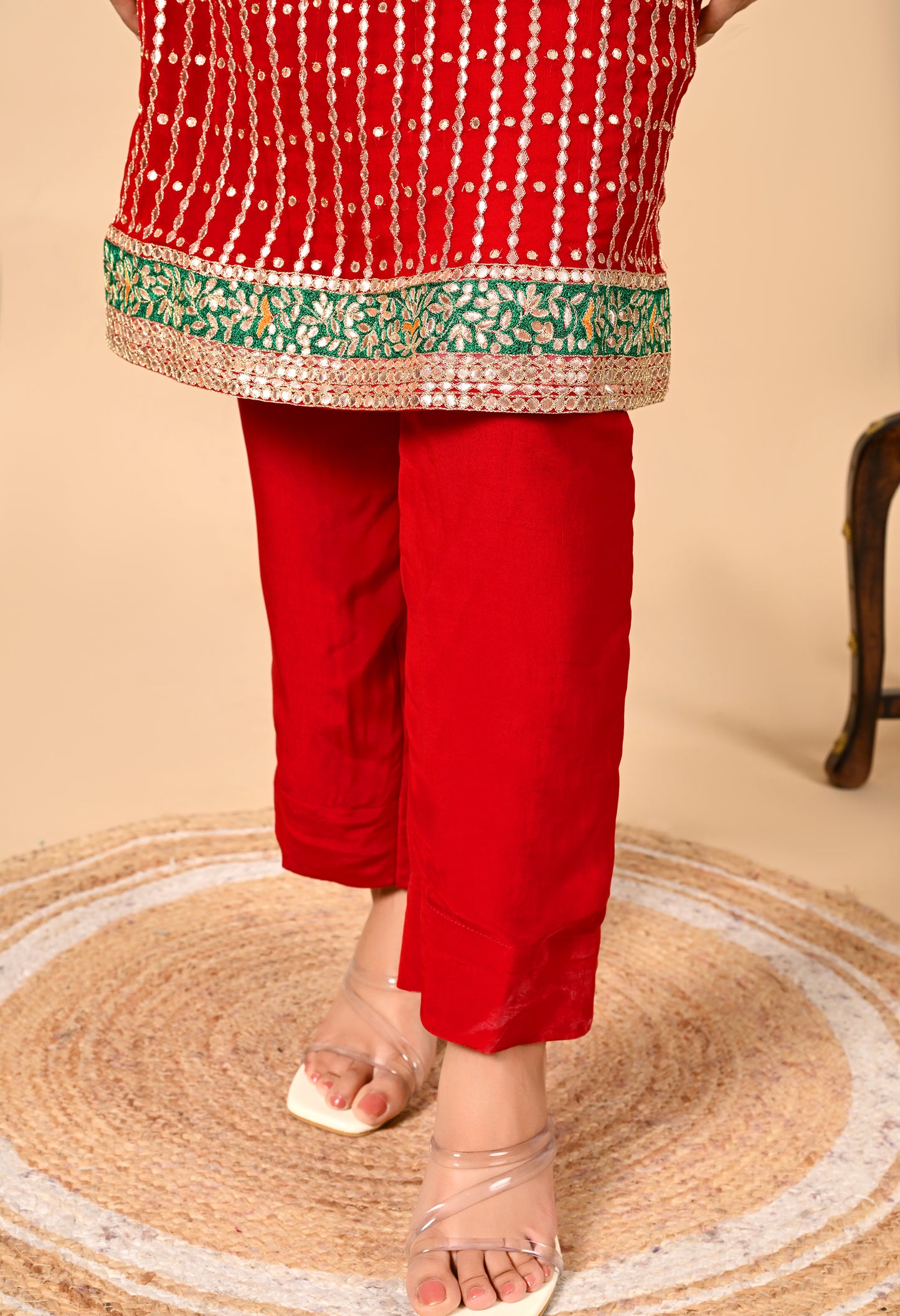 Red Kurta Set with Gotta, Applique, Zardozi, and Sequence Work