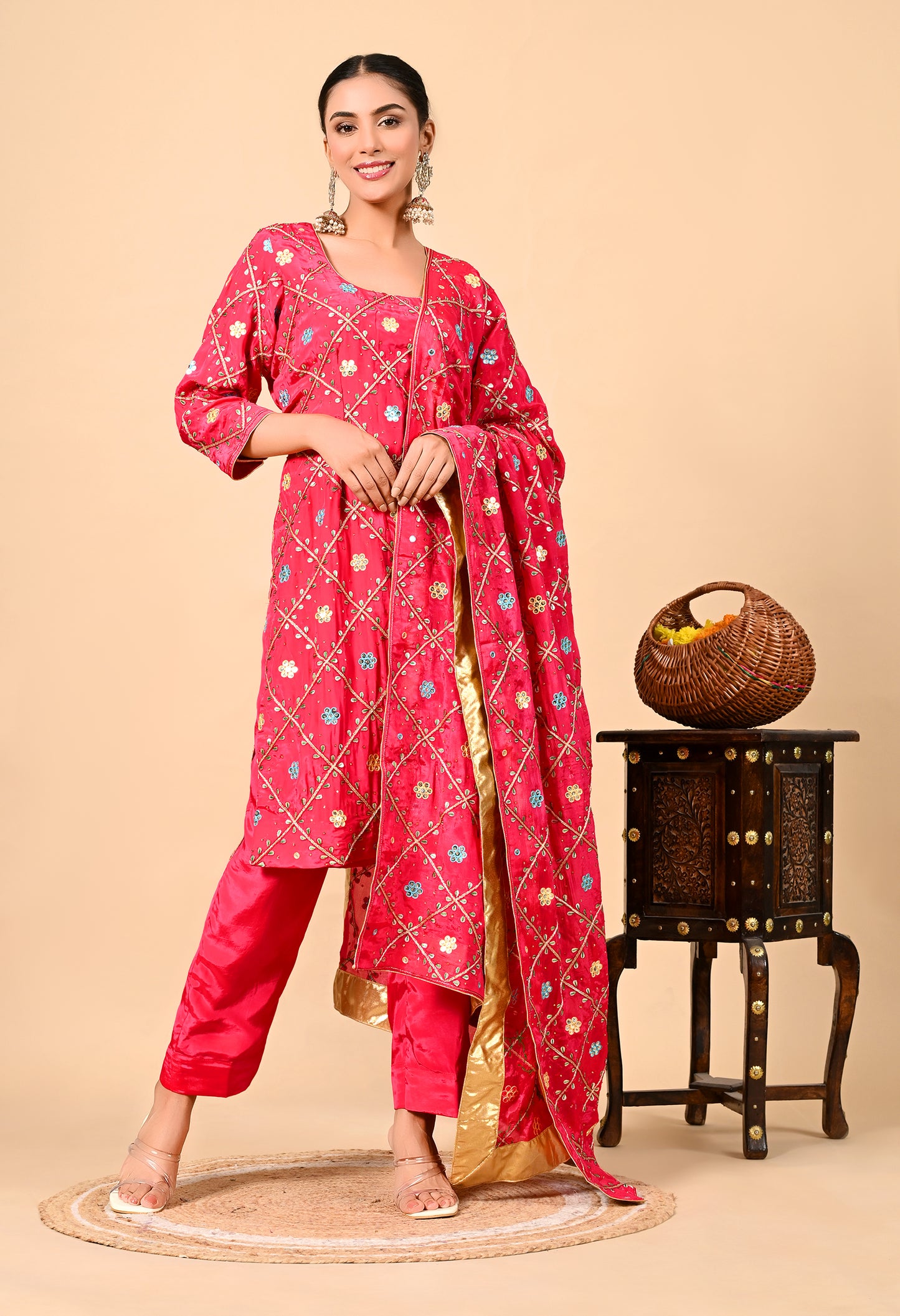 Exquisite Hot Pink Kurta Set with Gotta, Thread, and Mirror Work