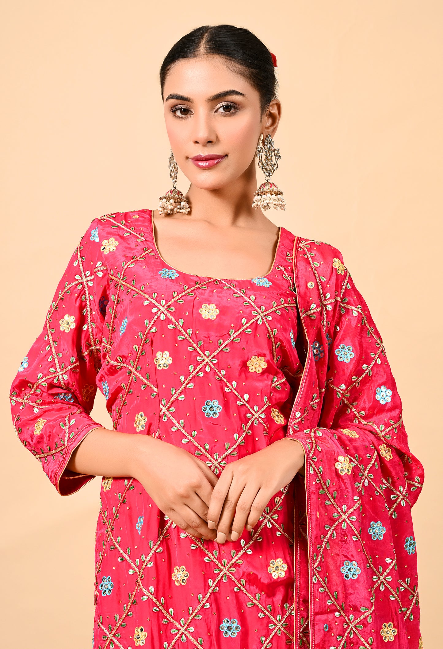 Exquisite Hot Pink Kurta Set with Gotta, Thread, and Mirror Work