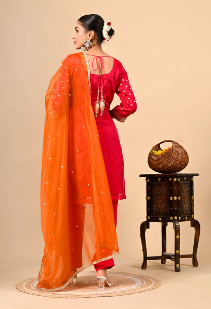 Beautiful Reddish Orange Kurta Set with Gotta, Thread, Zardozi, and Dabka Work