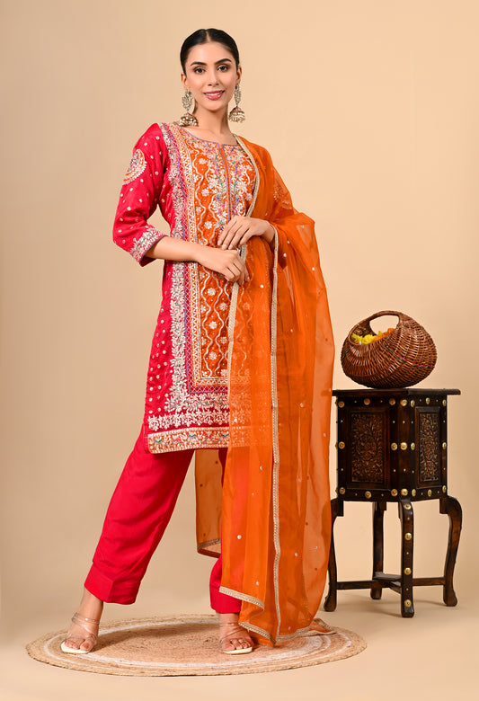 Beautiful Reddish Orange Kurta Set with Gotta, Thread, Zardozi, and Dabka Work