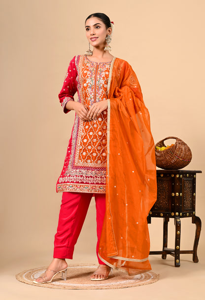 Beautiful Reddish Orange Kurta Set with Gotta, Thread, Zardozi, and Dabka Work