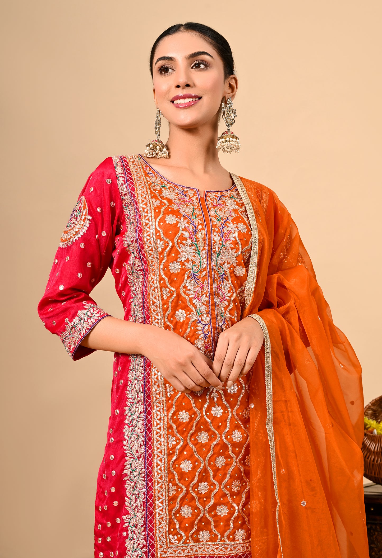 Beautiful Reddish Orange Kurta Set with Gotta, Thread, Zardozi, and Dabka Work