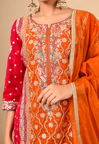 Beautiful Reddish Orange Kurta Set with Gotta, Thread, Zardozi, and Dabka Work