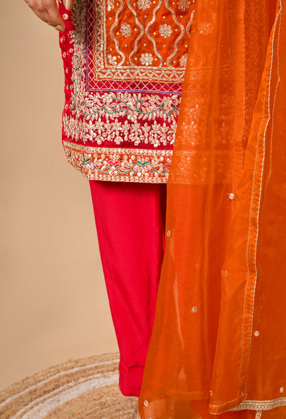 Beautiful Reddish Orange Kurta Set with Gotta, Thread, Zardozi, and Dabka Work