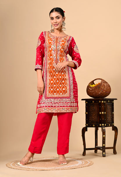 Beautiful Reddish Orange Kurta Set with Gotta, Thread, Zardozi, and Dabka Work