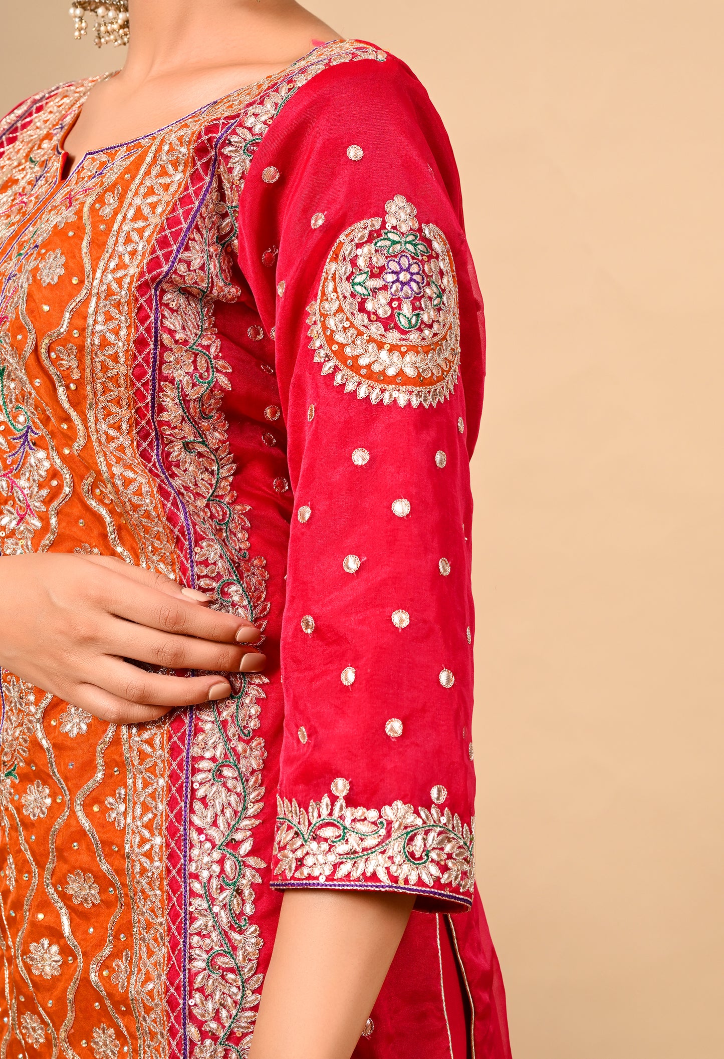 Beautiful Reddish Orange Kurta Set with Gotta, Thread, Zardozi, and Dabka Work