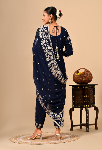 Navy Blue Classic Kurta Set with Beautiful LCD Gotta Work