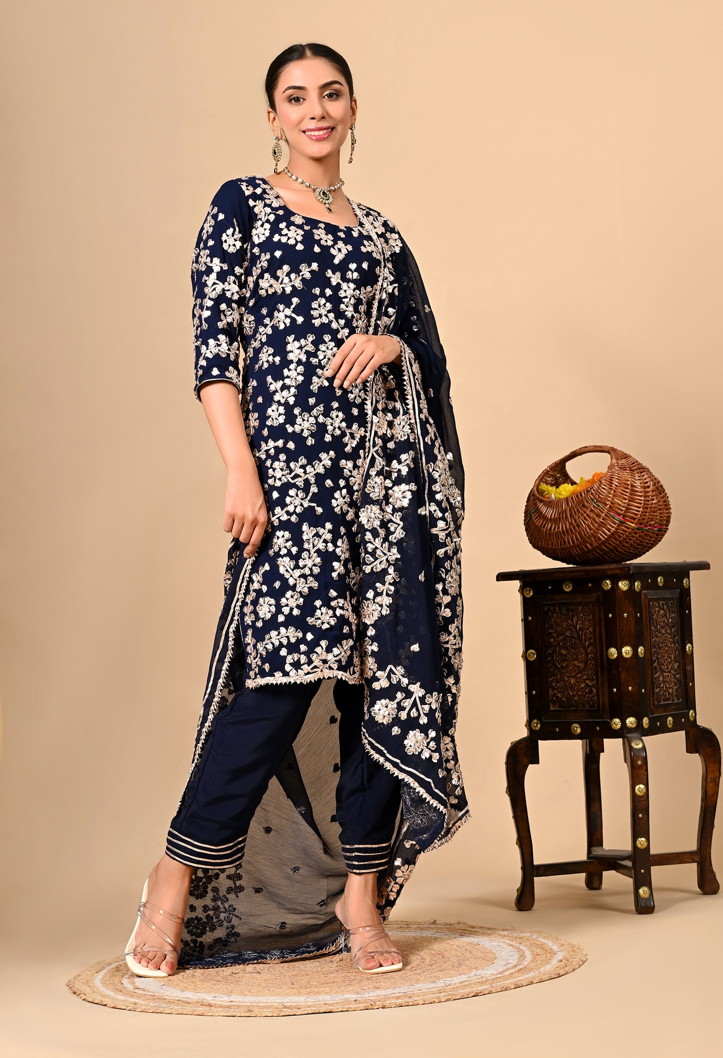 Navy Blue Classic Kurta Set with Beautiful LCD Gotta Work