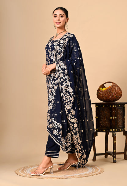 Navy Blue Classic Kurta Set with Beautiful LCD Gotta Work