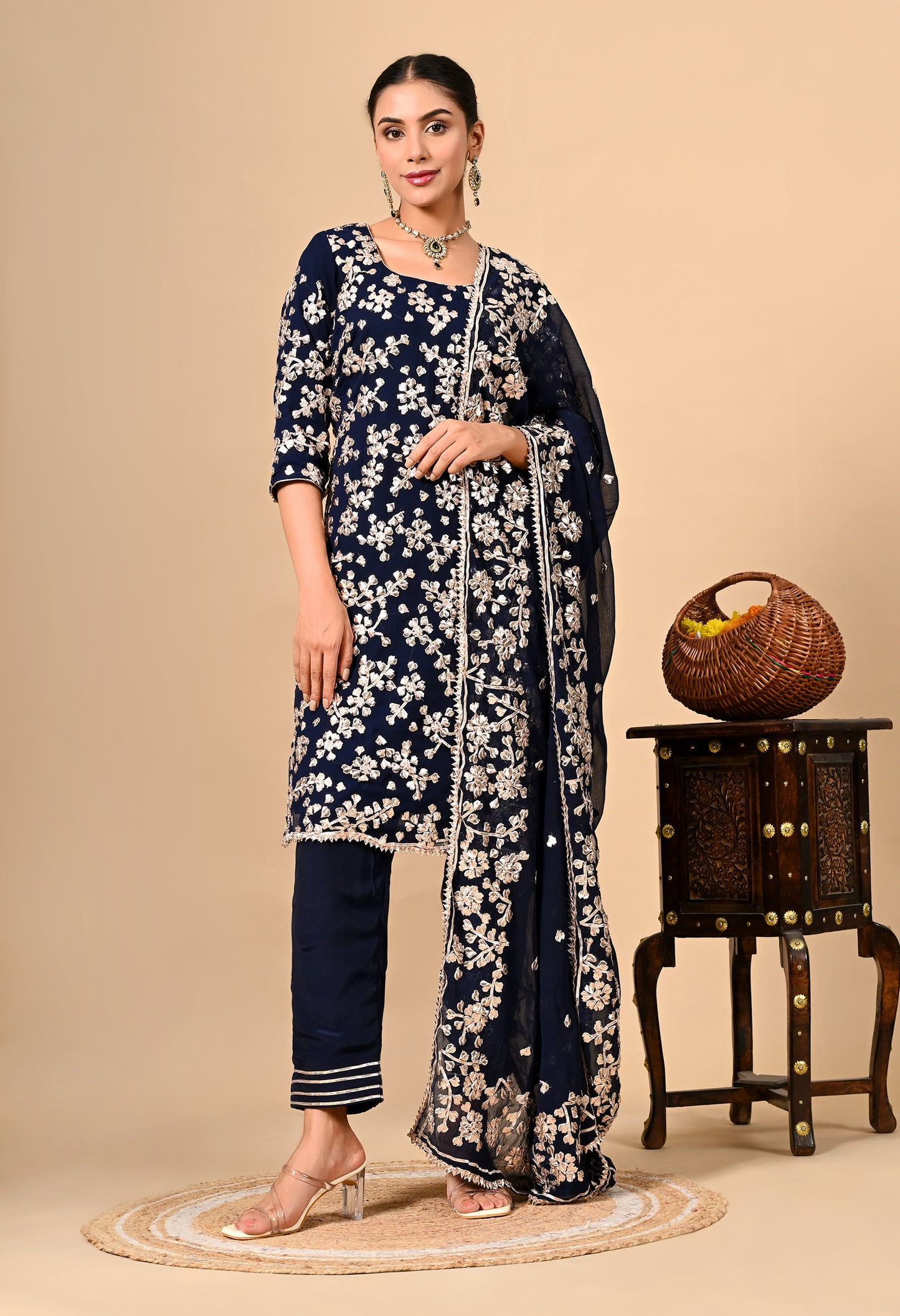 Navy Blue Classic Kurta Set with Beautiful LCD Gotta Work