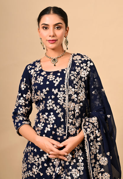 Navy Blue Classic Kurta Set with Beautiful LCD Gotta Work