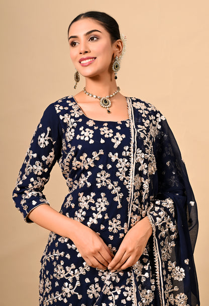 Navy Blue Classic Kurta Set with Beautiful LCD Gotta Work