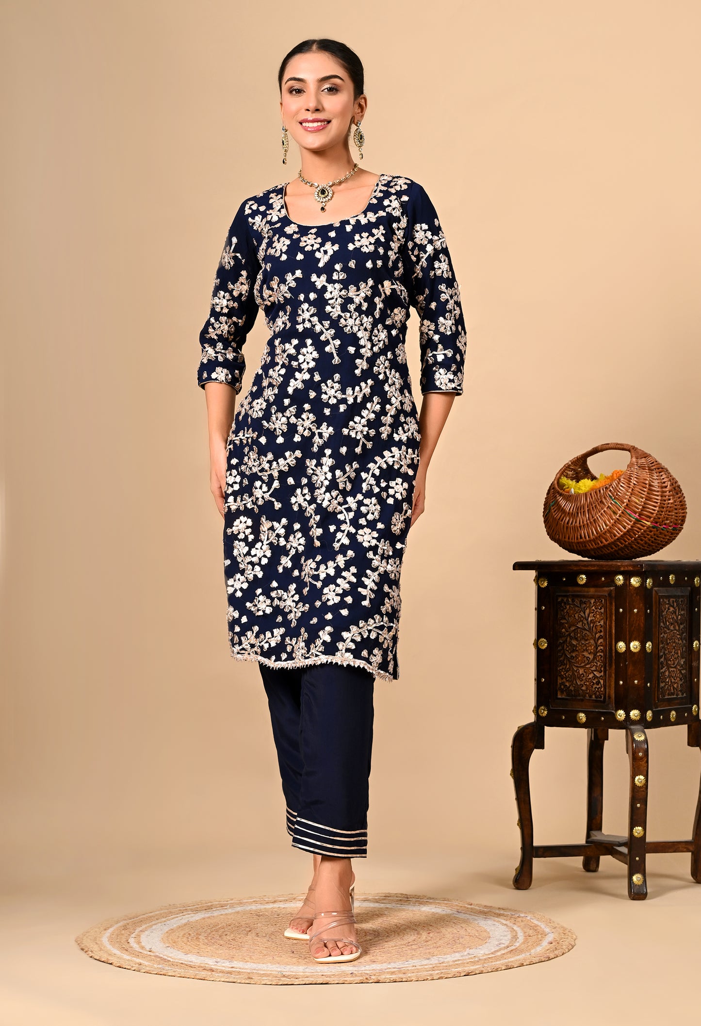 Navy Blue Classic Kurta Set with Beautiful LCD Gotta Work