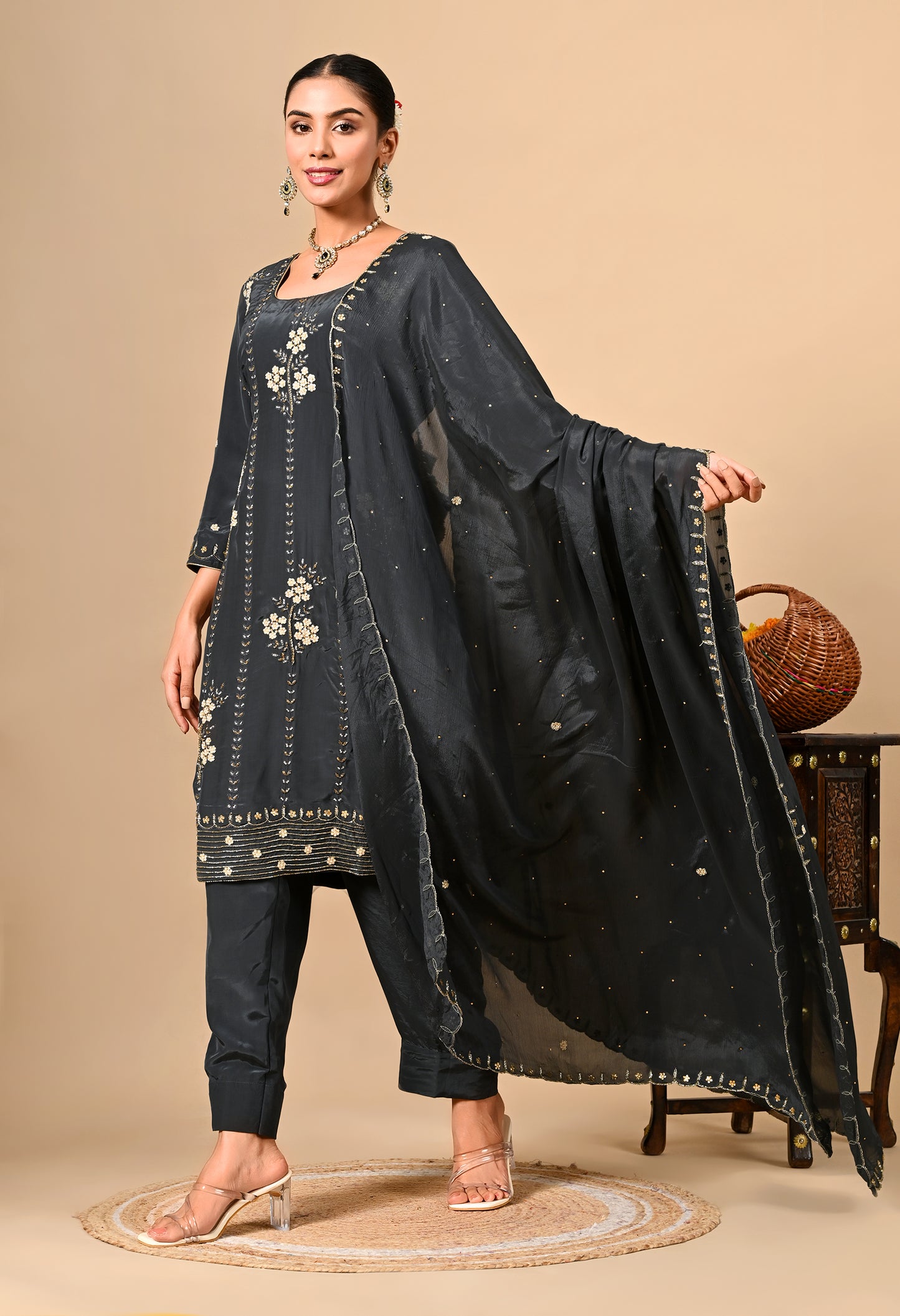 Dark Grey Kurta Set with Thread, Dabka, and Pearl Work