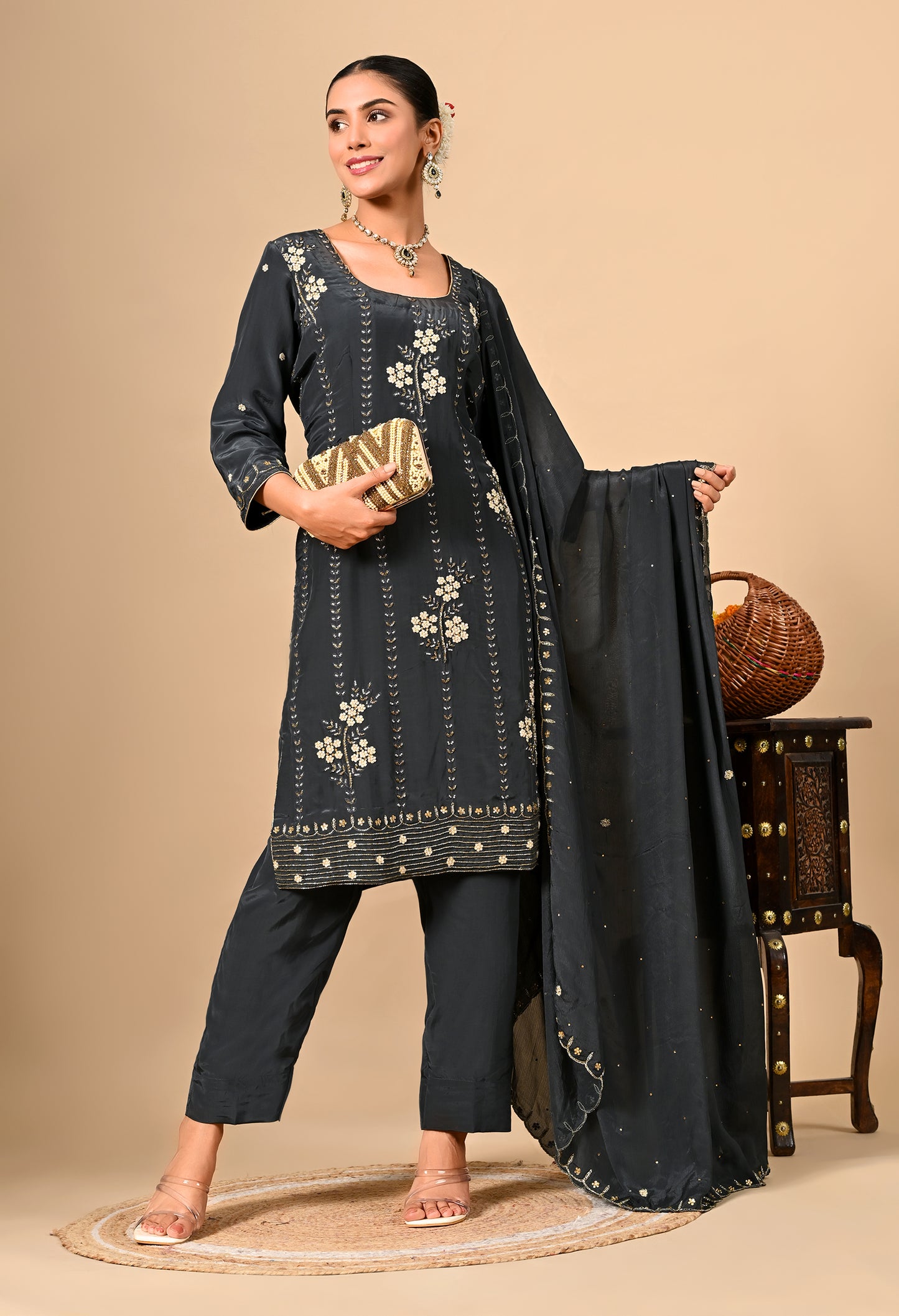 Dark Grey Kurta Set with Thread, Dabka, and Pearl Work