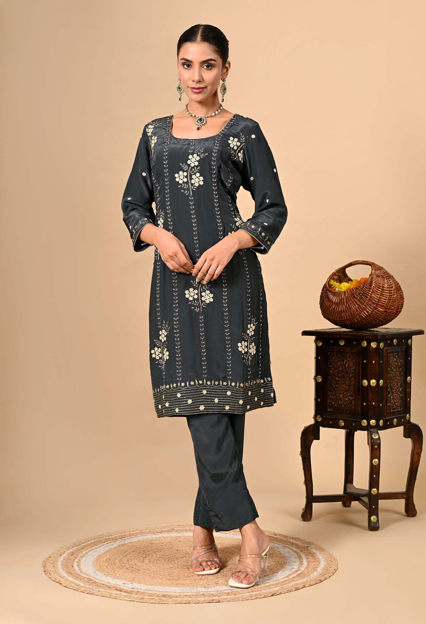 Dark Grey Kurta Set with Thread, Dabka, and Pearl Work