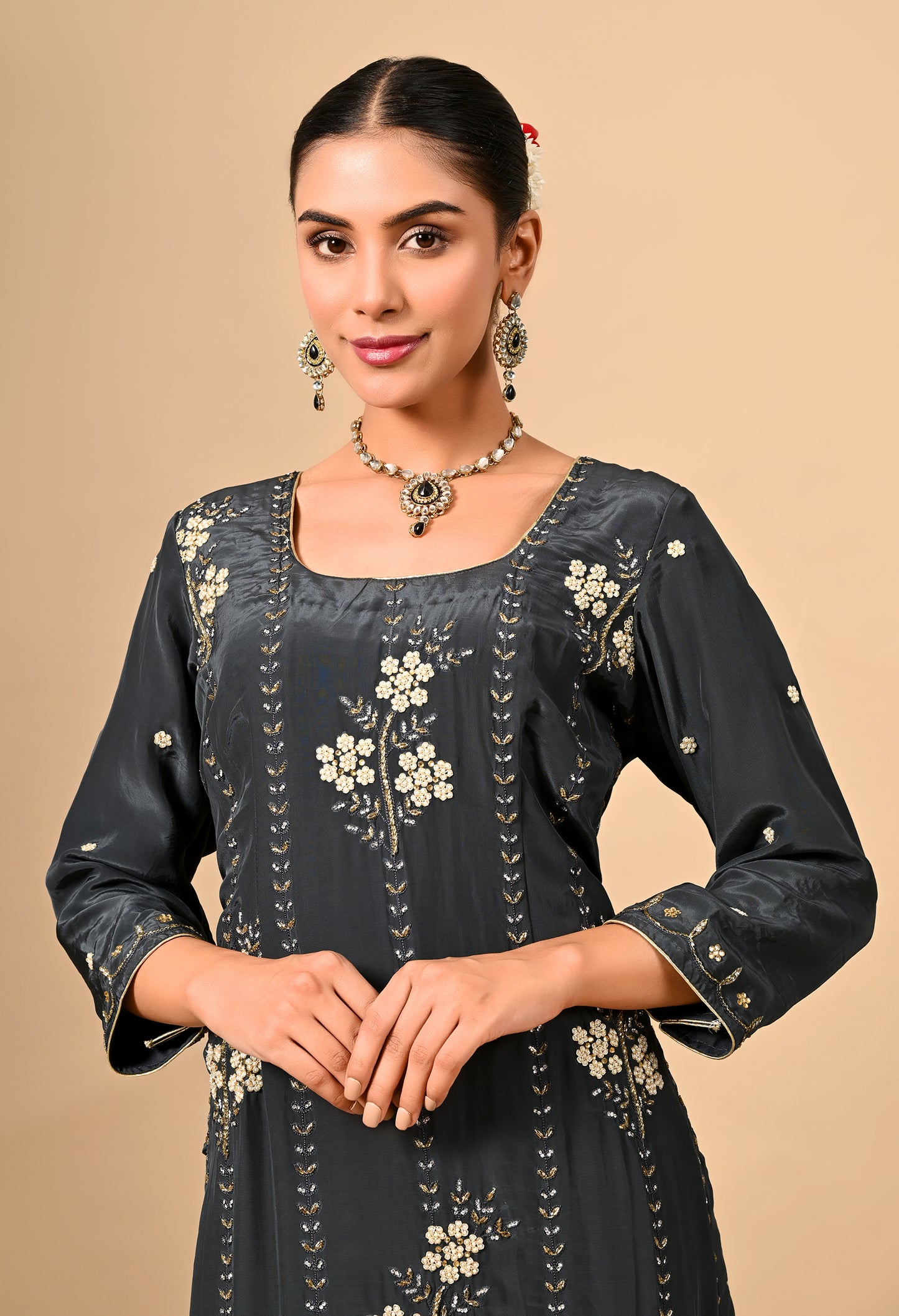 Dark Grey Kurta Set with Thread, Dabka, and Pearl Work