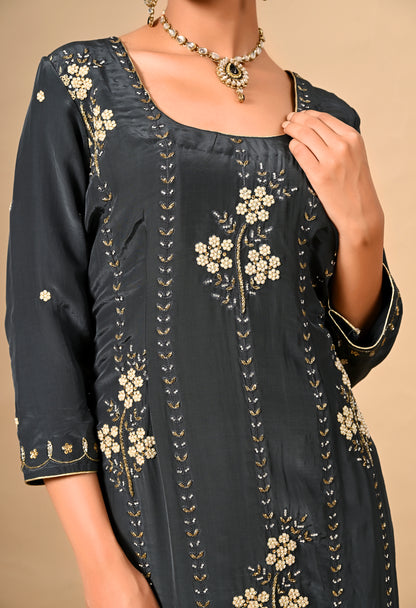 Dark Grey Kurta Set with Thread, Dabka, and Pearl Work