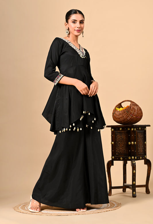 Stylish Black Co-Ord Set with Thread Work on Umbrella Flared Top & Bottom