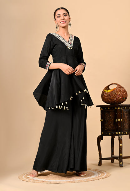 Stylish Black Co-Ord Set with Thread Work on Umbrella Flared Top & Bottom