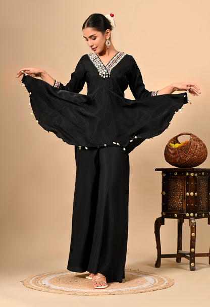 Stylish Black Co-Ord Set with Thread Work on Umbrella Flared Top & Bottom