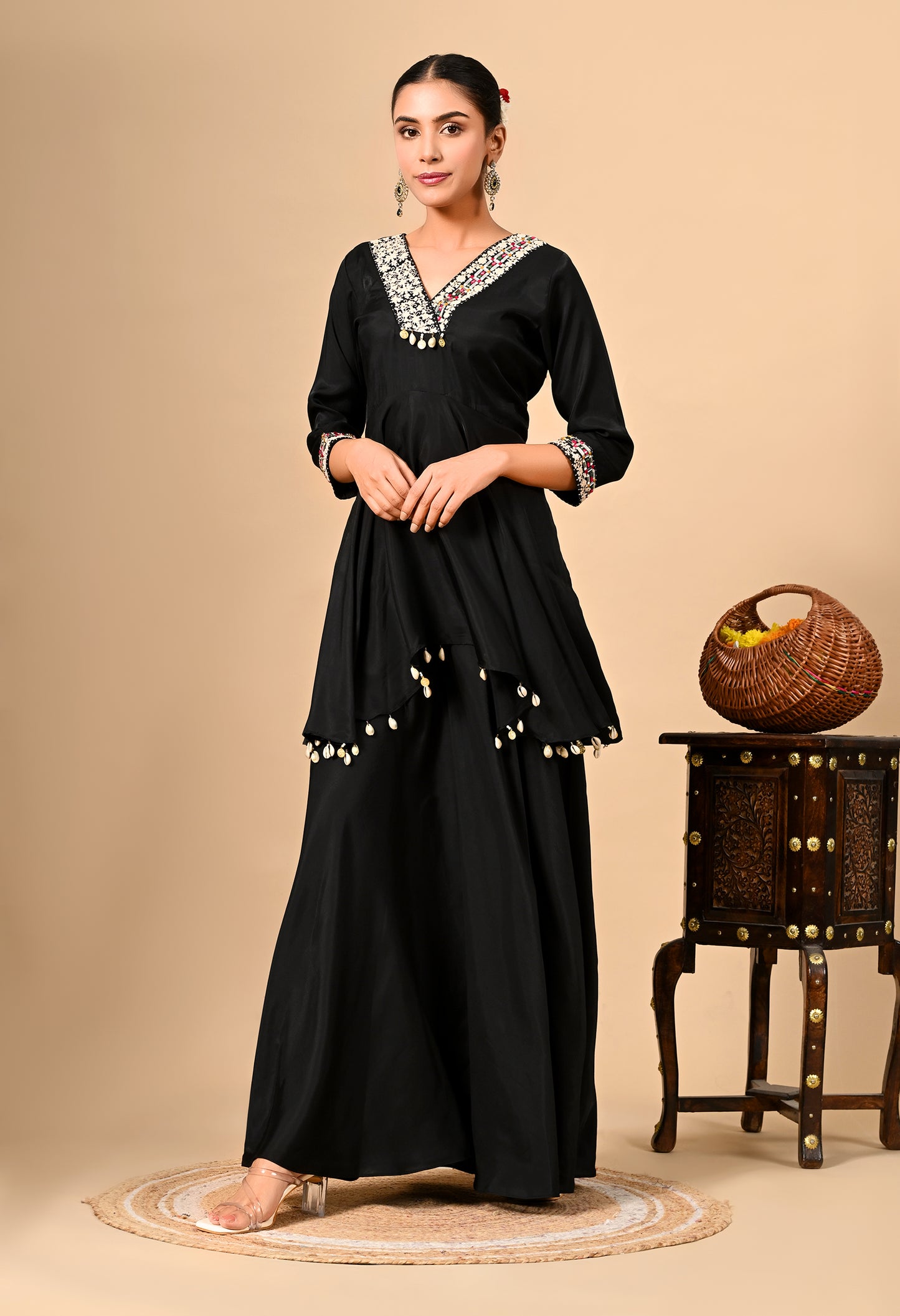 Stylish Black Co-Ord Set with Thread Work on Umbrella Flared Top & Bottom