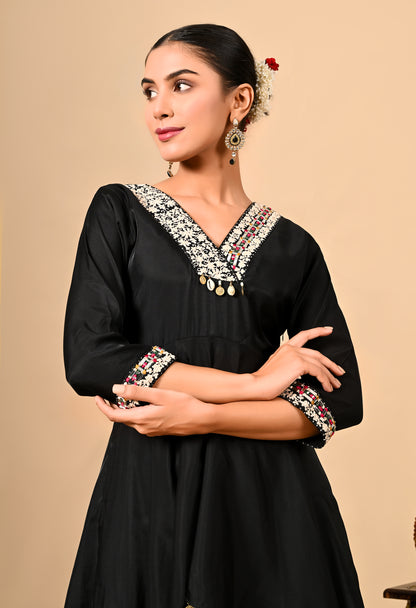 Stylish Black Co-Ord Set with Thread Work on Umbrella Flared Top & Bottom