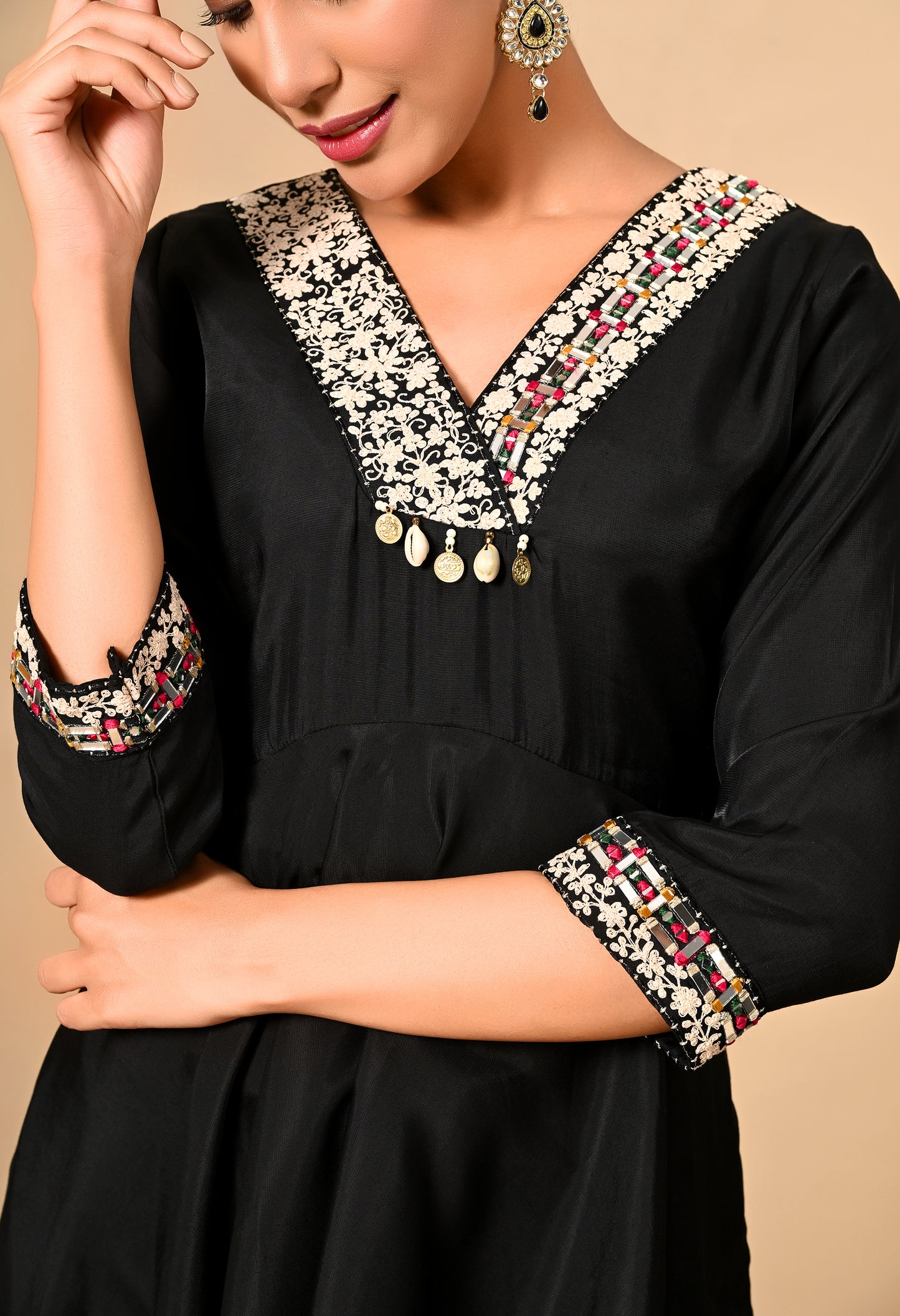 Stylish Black Co-Ord Set with Thread Work on Umbrella Flared Top & Bottom