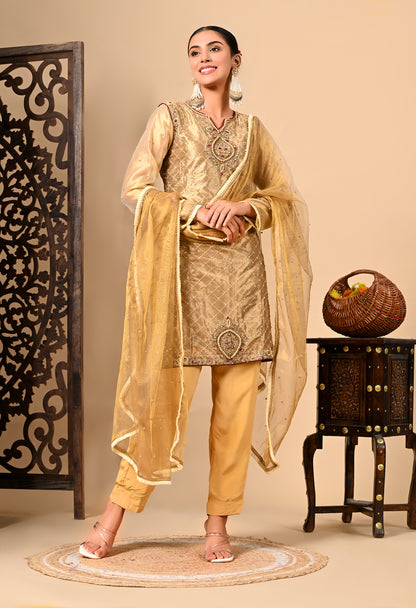 Golden Green Kurta Set with Zardozi, Pearl, and Dabka Work