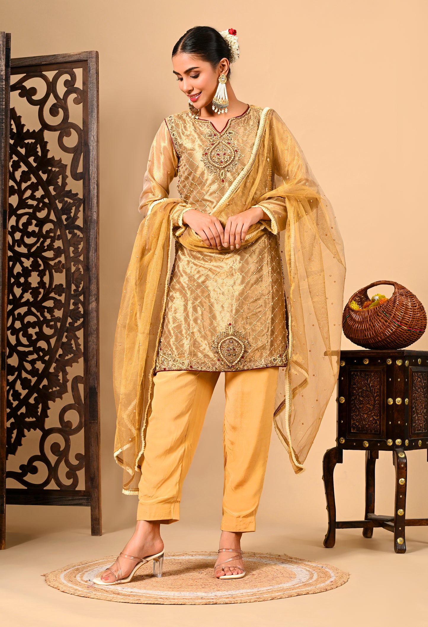 Golden Green Kurta Set with Zardozi, Pearl, and Dabka Work