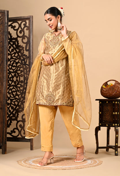 Golden Green Kurta Set with Zardozi, Pearl, and Dabka Work