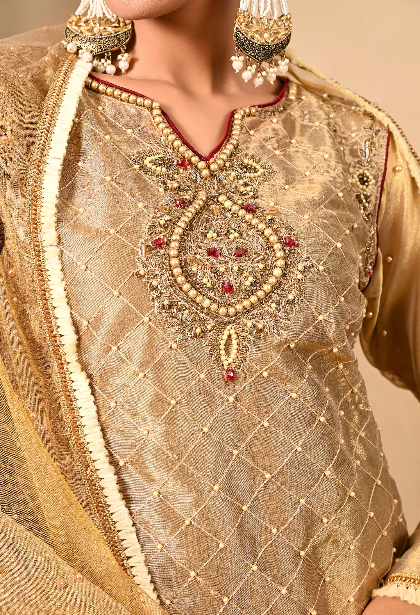 Golden Green Kurta Set with Zardozi, Pearl, and Dabka Work