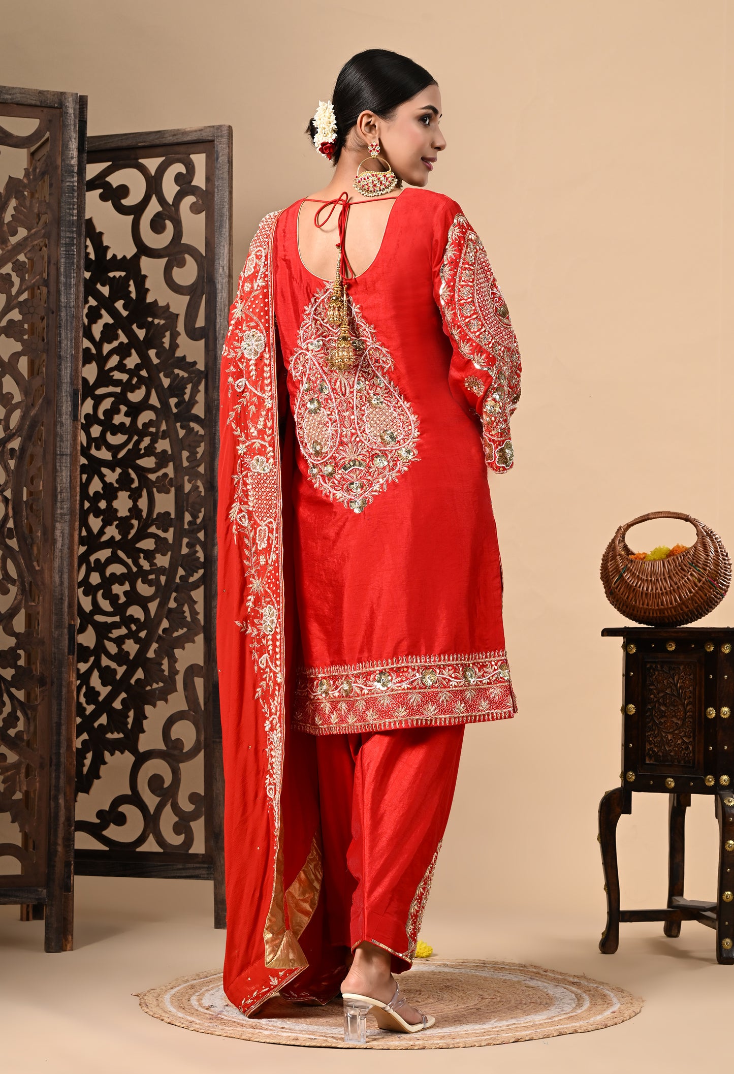 Red Kurta Set with Zardozi, Dabka, Sequence, and Pearl Work