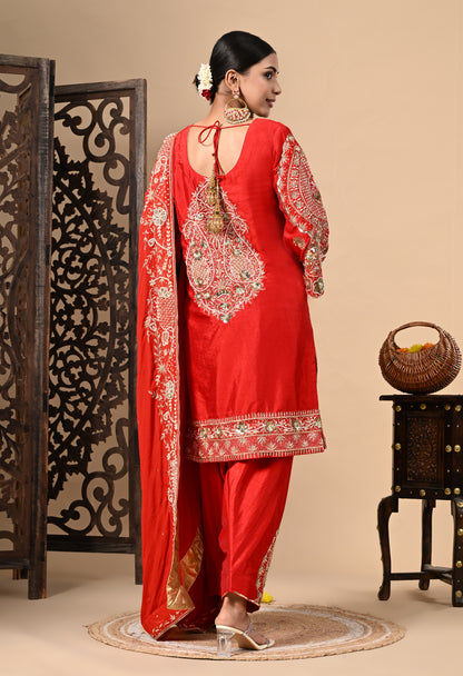 Red Kurta Set with Zardozi, Dabka, Sequence, and Pearl Work