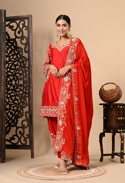 Red Kurta Set with Zardozi, Dabka, Sequence, and Pearl Work