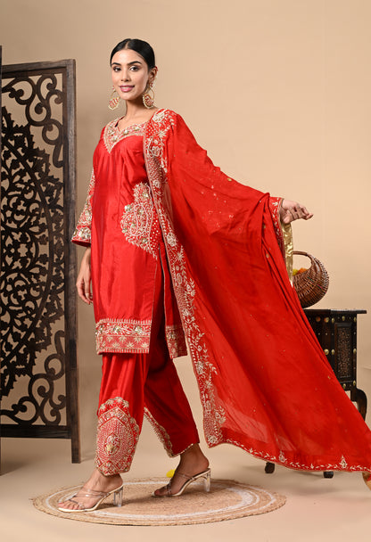 Red Kurta Set with Zardozi, Dabka, Sequence, and Pearl Work