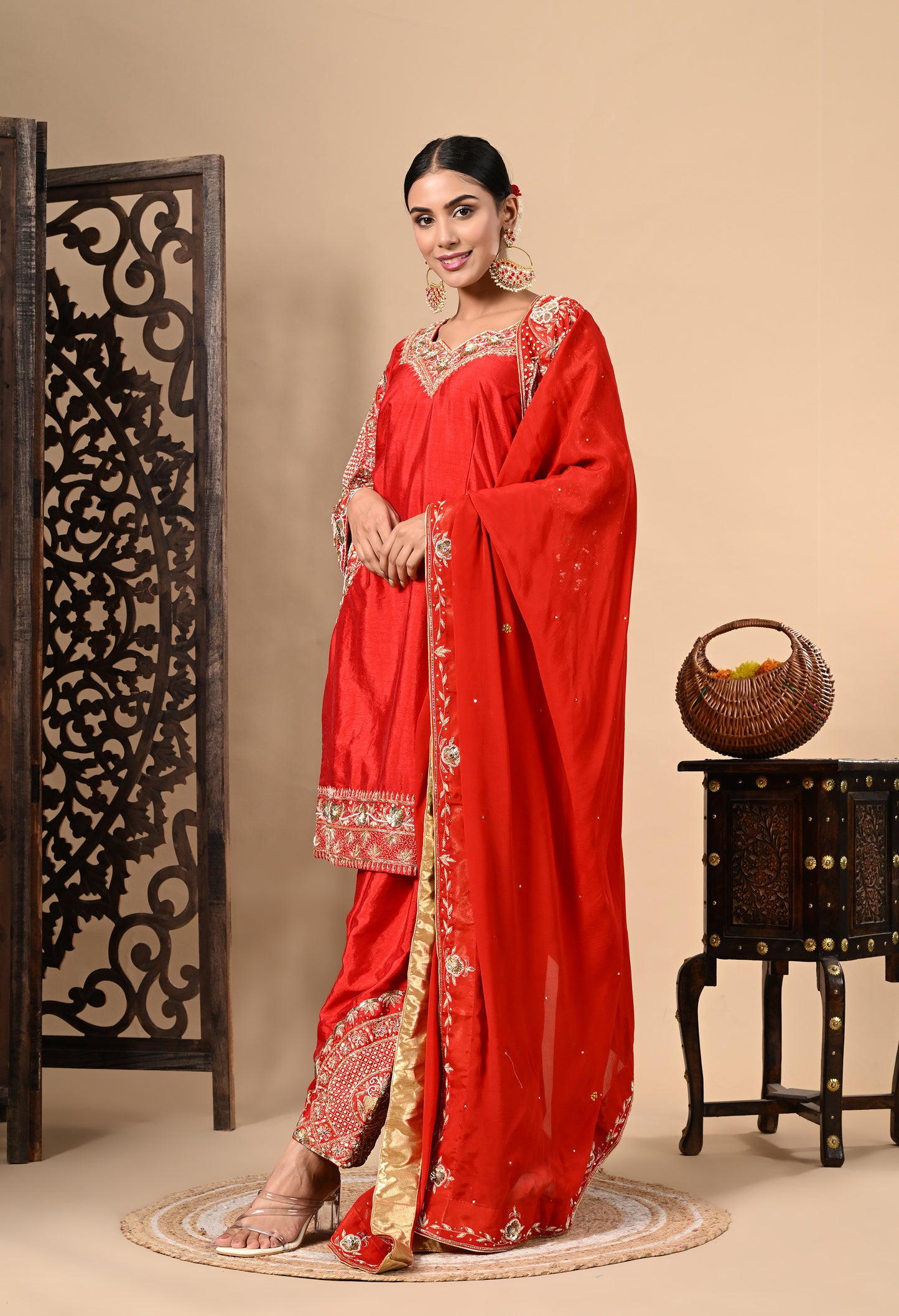 Red Kurta Set with Zardozi, Dabka, Sequence, and Pearl Work