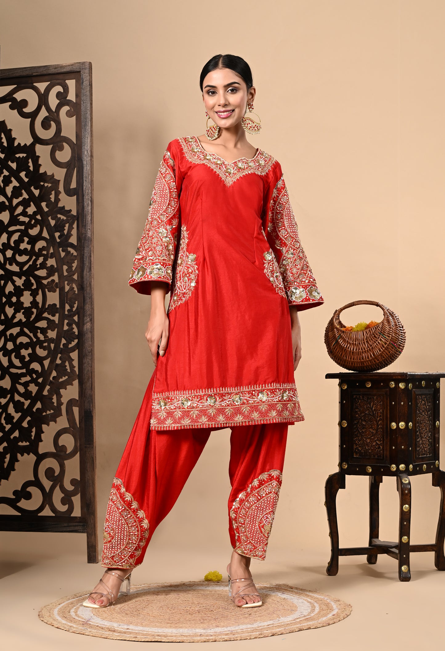 Red Kurta Set with Zardozi, Dabka, Sequence, and Pearl Work