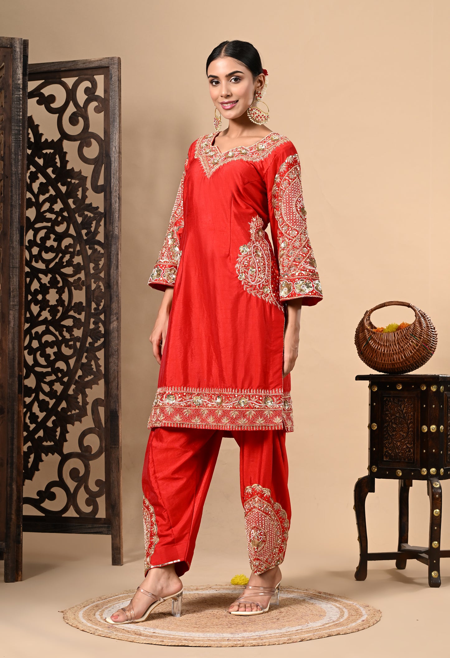 Red Kurta Set with Zardozi, Dabka, Sequence, and Pearl Work