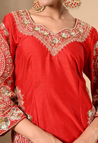 Red Kurta Set with Zardozi, Dabka, Sequence, and Pearl Work