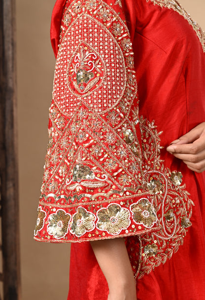 Red Kurta Set with Zardozi, Dabka, Sequence, and Pearl Work