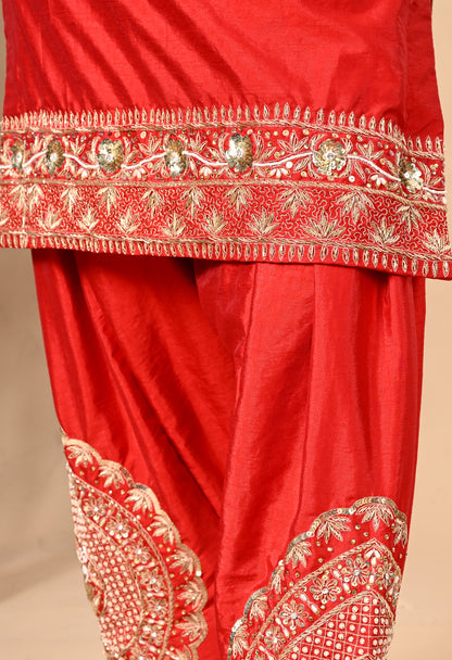 Red Kurta Set with Zardozi, Dabka, Sequence, and Pearl Work