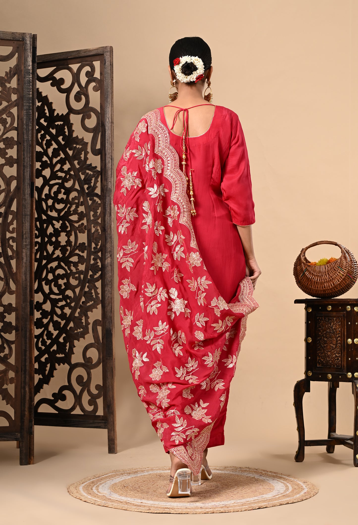 Elegant Red Magenta Kurta Set with Zardozi, Sequence, and Thread Work