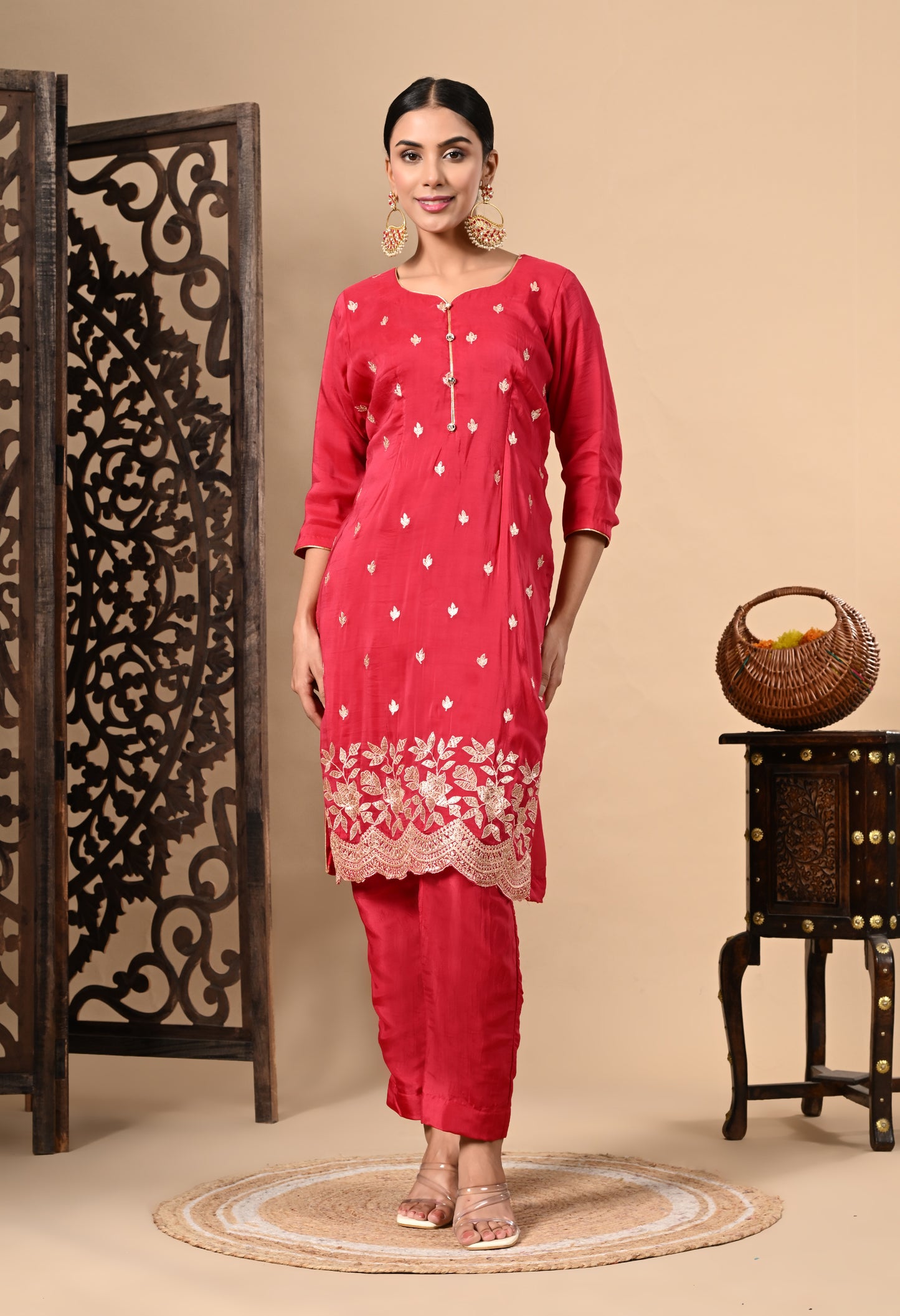 Elegant Red Magenta Kurta Set with Zardozi, Sequence, and Thread Work