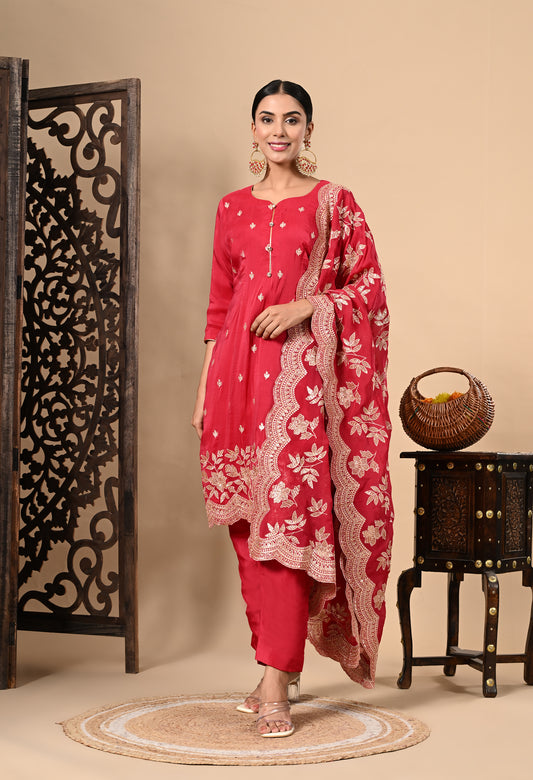 Elegant Red Magenta Kurta Set with Zardozi, Sequence, and Thread Work