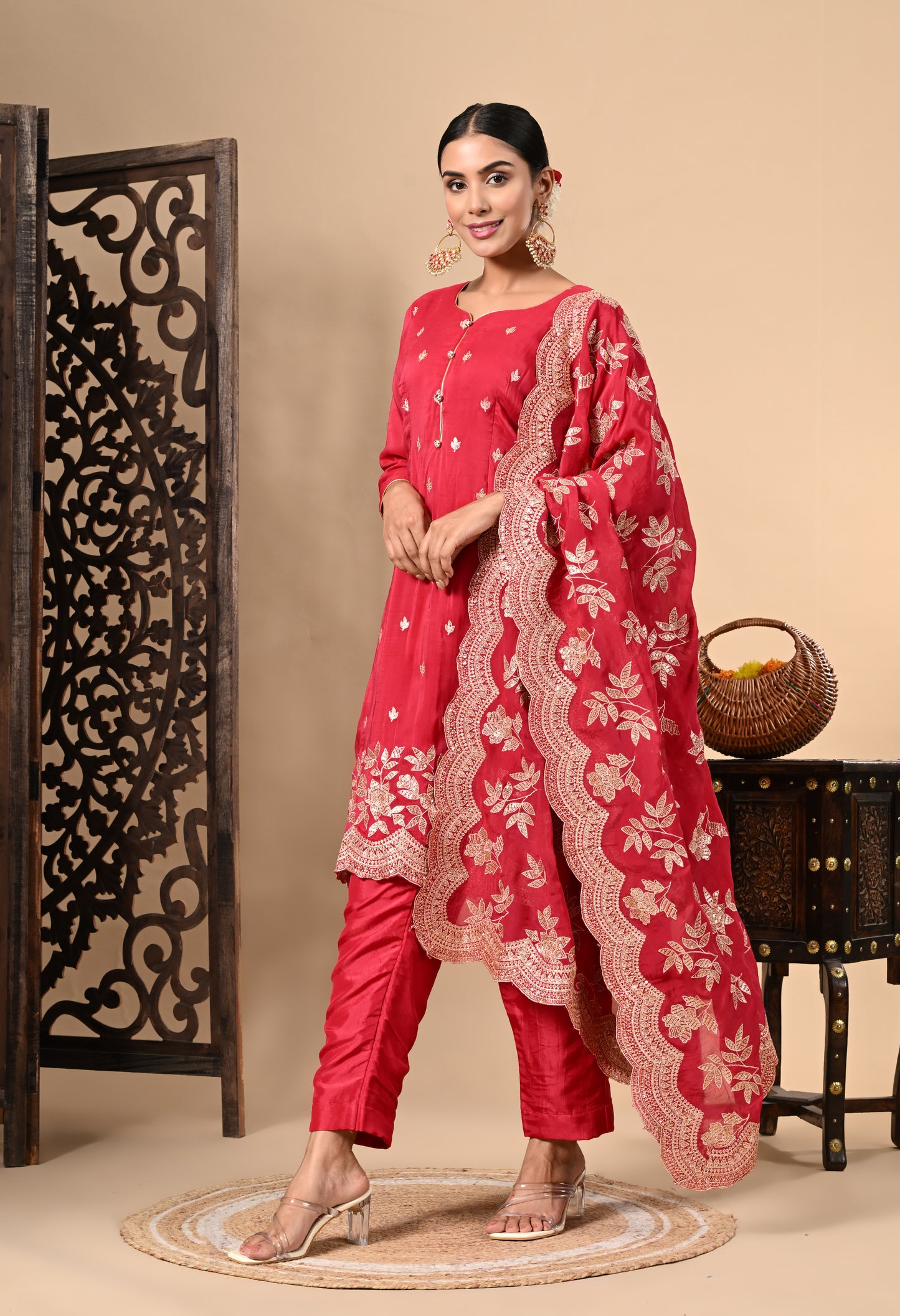 Elegant Red Magenta Kurta Set with Zardozi, Sequence, and Thread Work