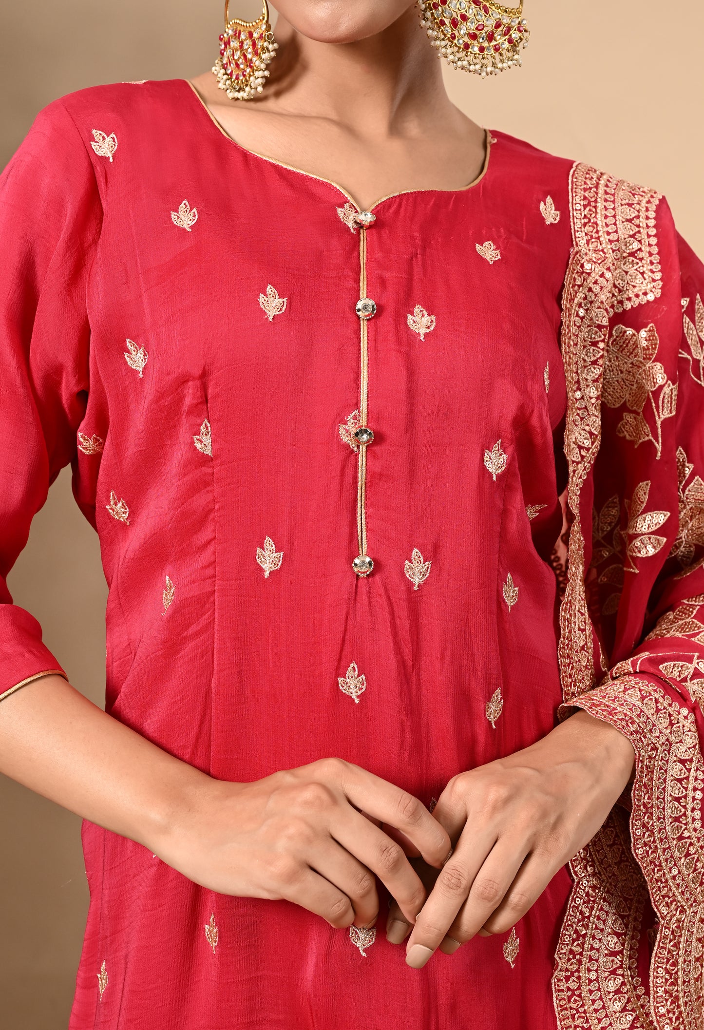 Elegant Red Magenta Kurta Set with Zardozi, Sequence, and Thread Work