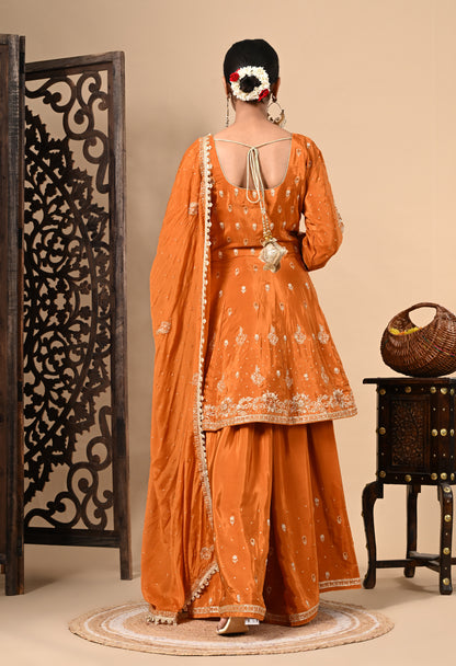 Yellowish Orange Sharara Set with Zardozi, Dabka, Sequence, and Thread Work